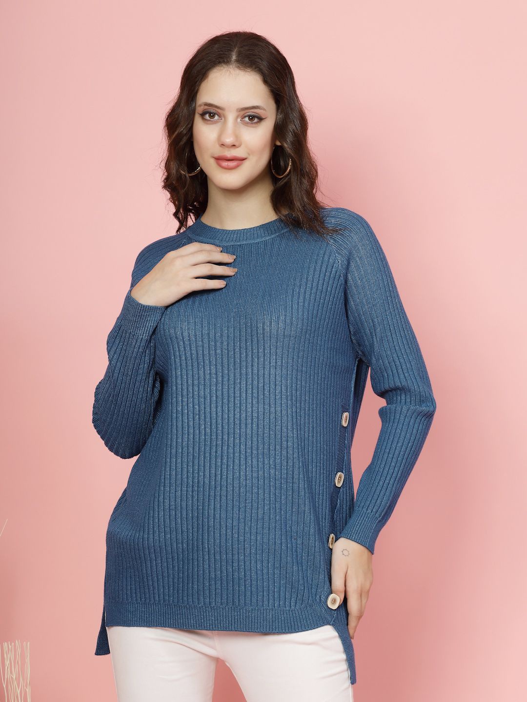 

Mafadeny Women Vertical Striped Round Neck Top, Teal