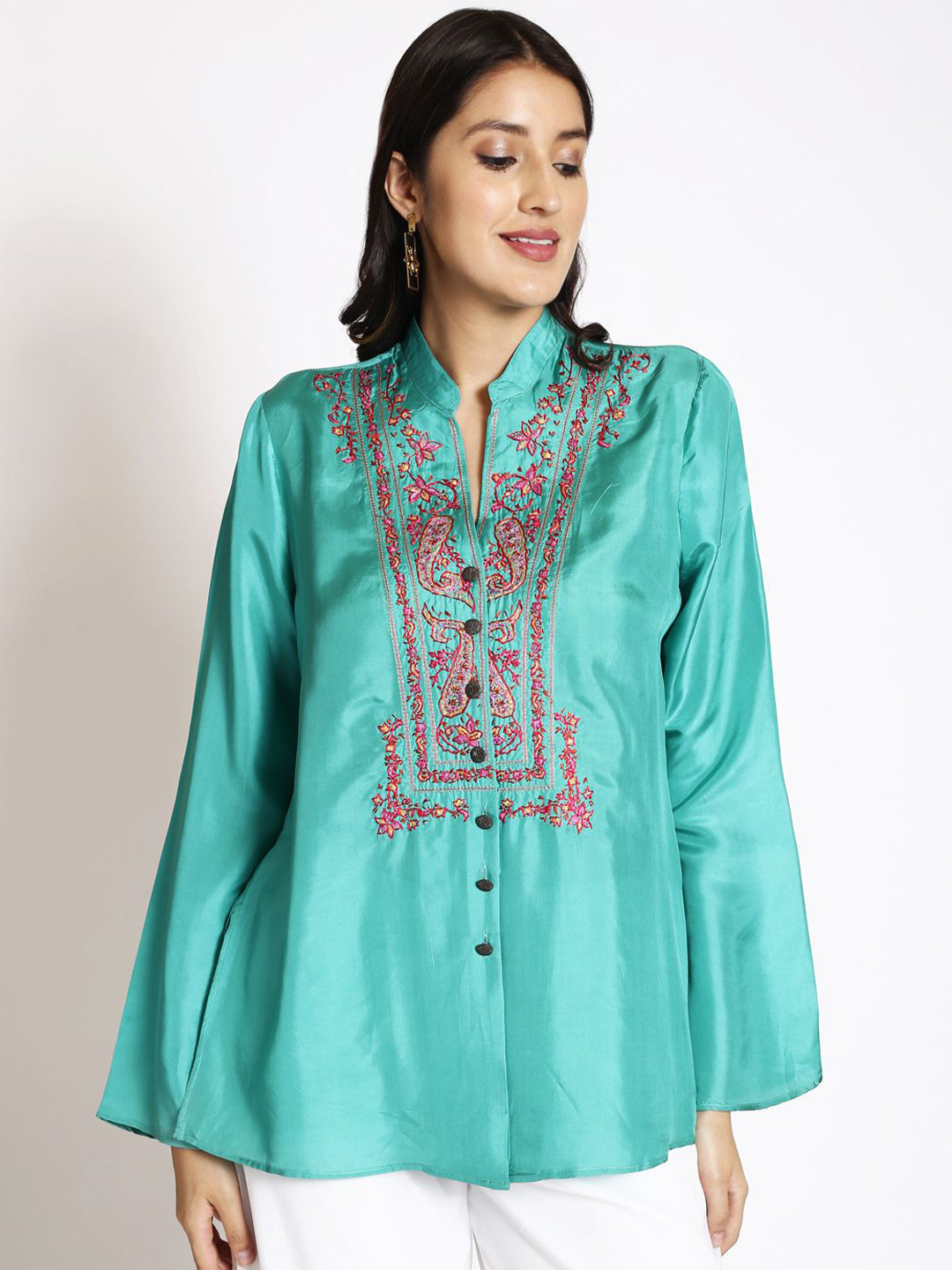 

250 DESIGNS Women Embroidered Mandarin Collar Ethnic Tunic, Green