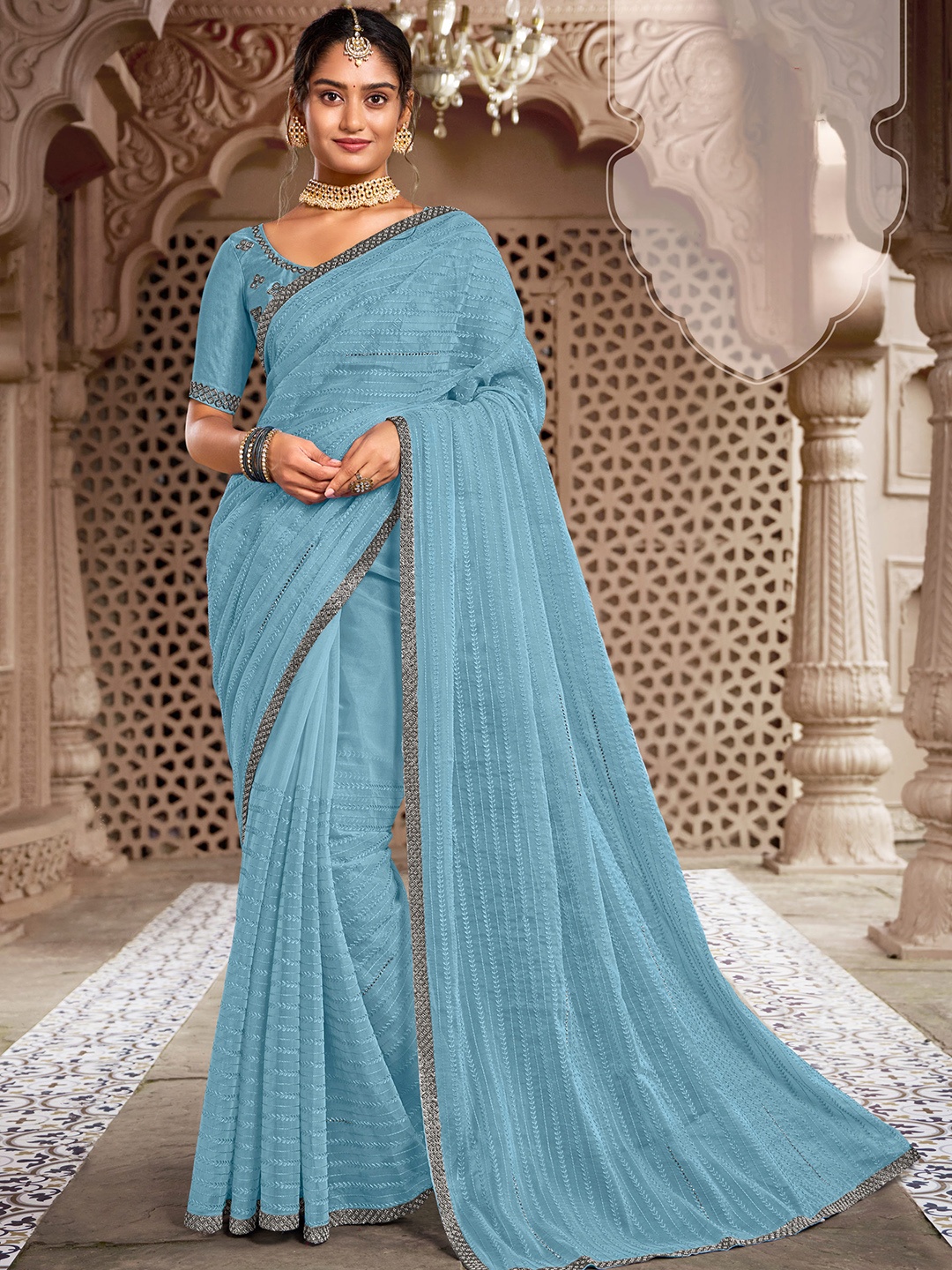 

Laxmipati Striped Embroidered Poly Georgette Saree, Blue