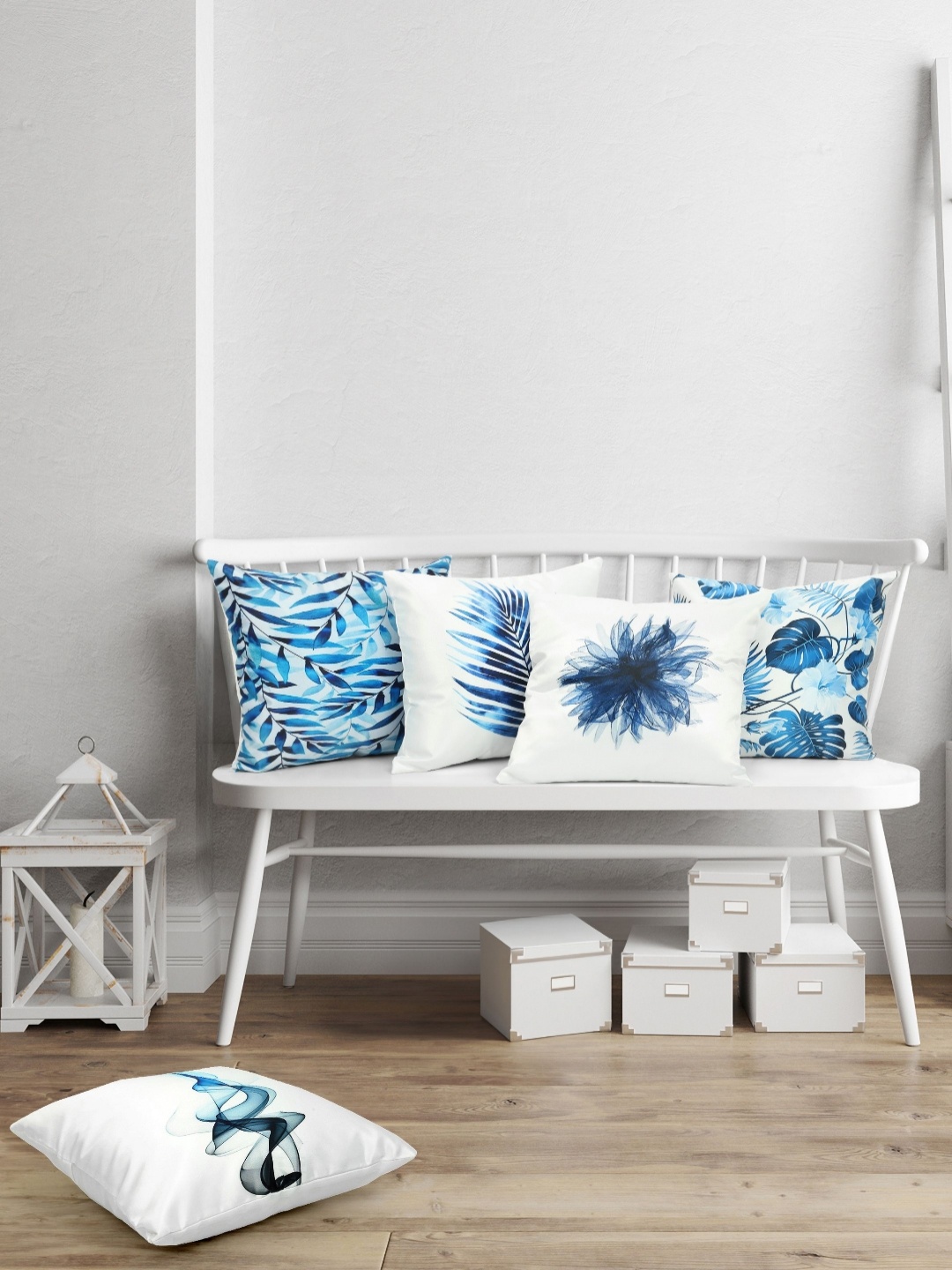 

Vendola White & Blue 5 Pieces Floral Printed Square Shaped Cushion Covers