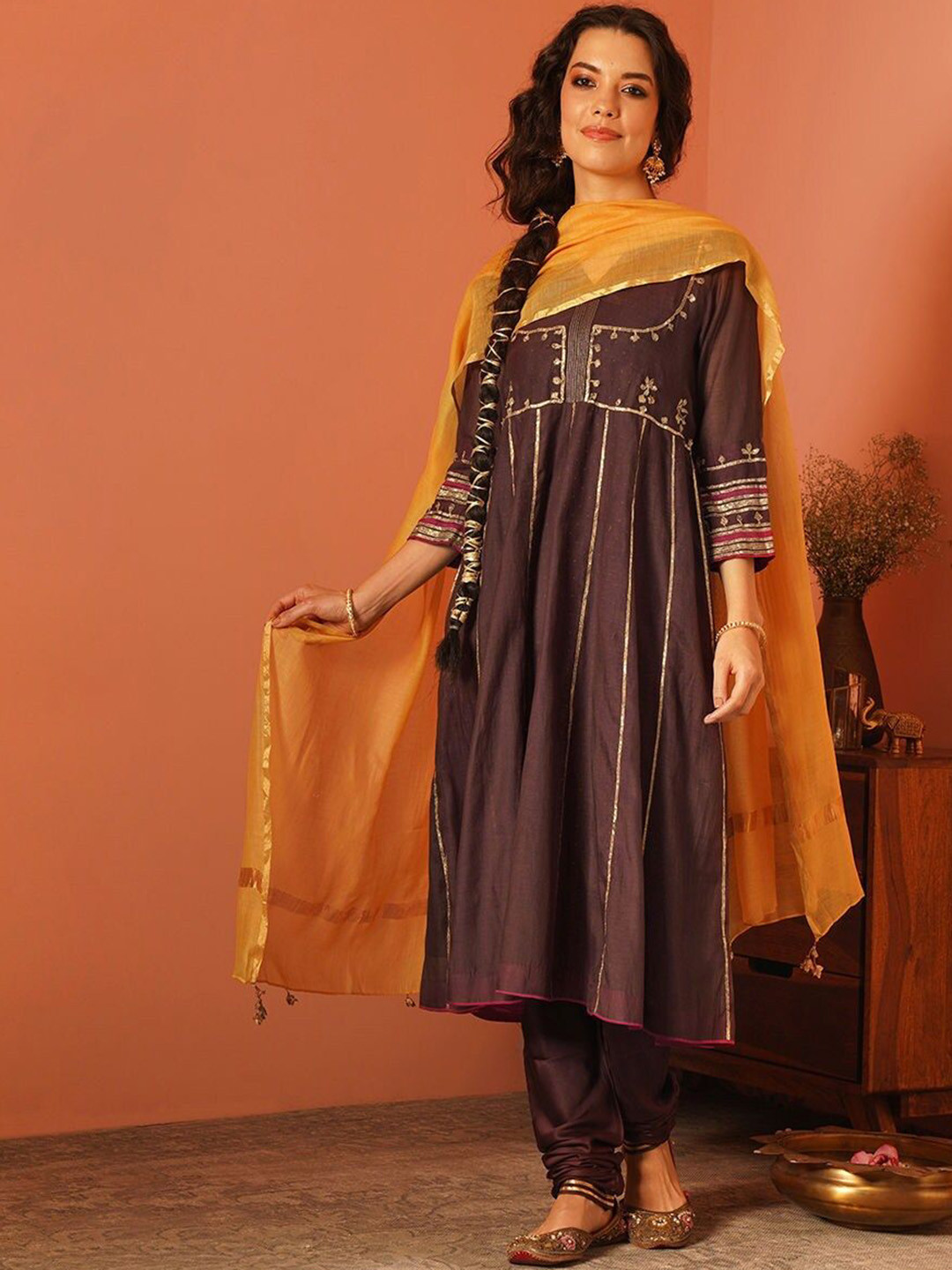 

JAYPORE Ethnic Motifs Embroidered Anarkali Kurta with Trousers, Purple