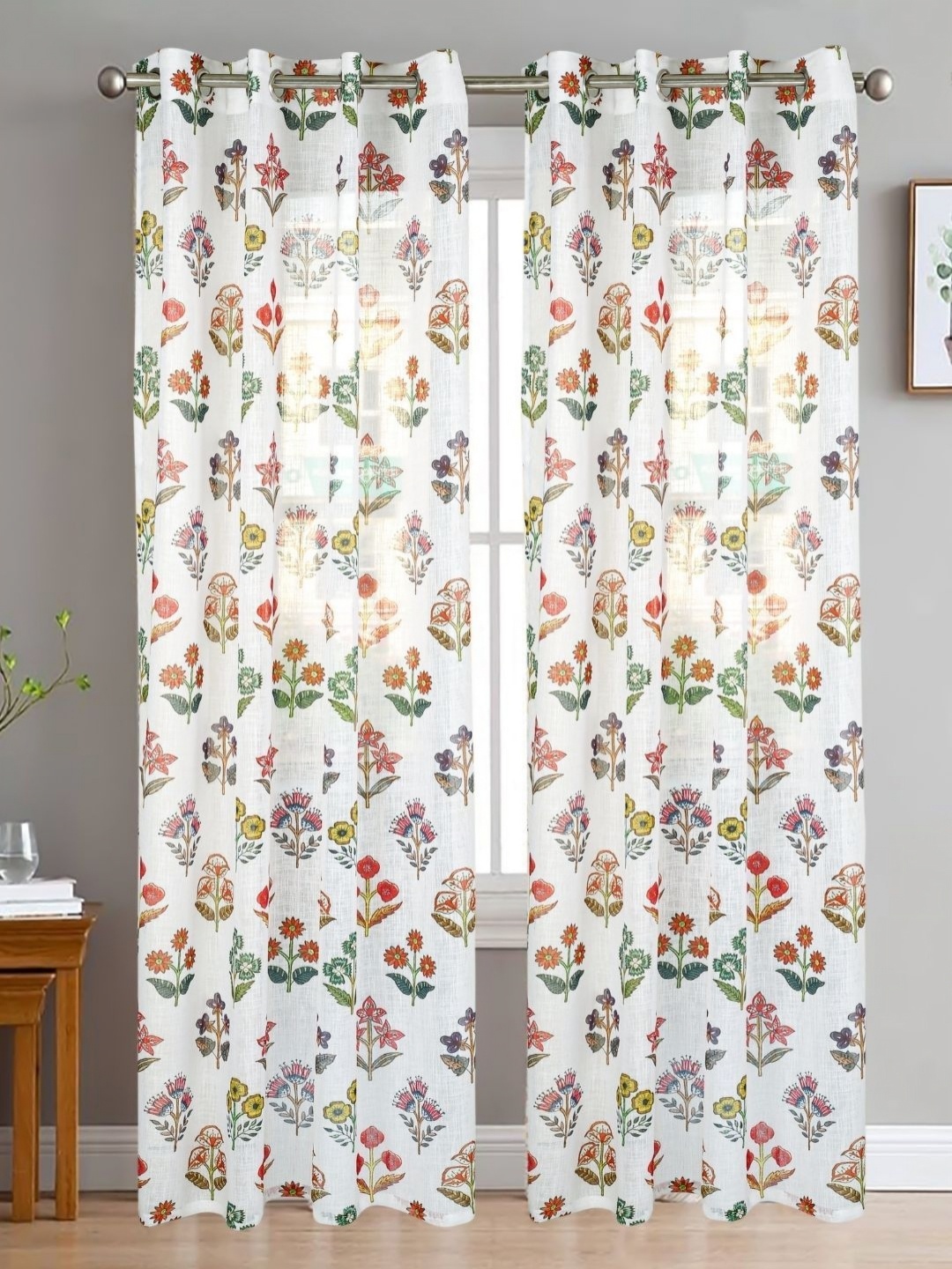 

HOMADORN White & Red 2 Pieces Floral Printed Linen Sheer Window Curtains