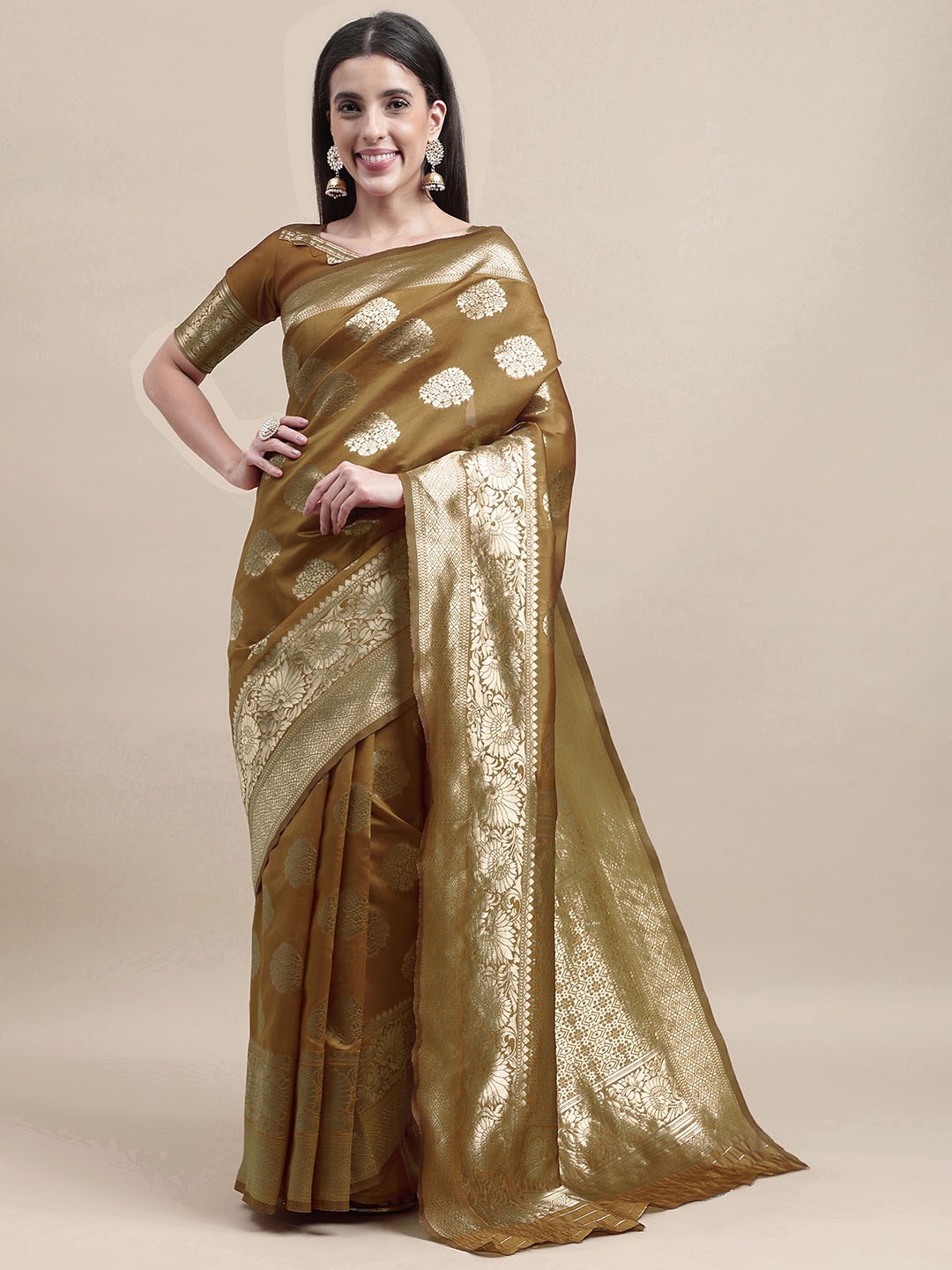 

Maroosh Woven Design Printed Zari Banarasi Saree, Brown