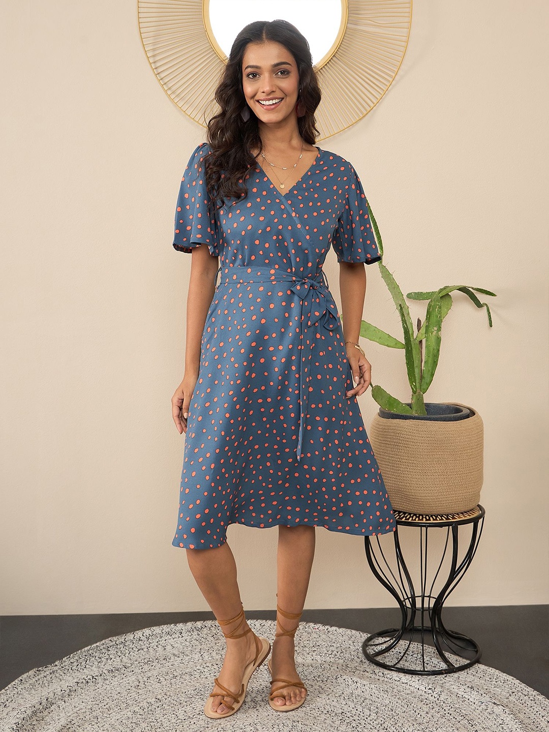 

StyleStone Women Polka Dot Printed Flutter Sleeve Crepe Dress, Navy blue