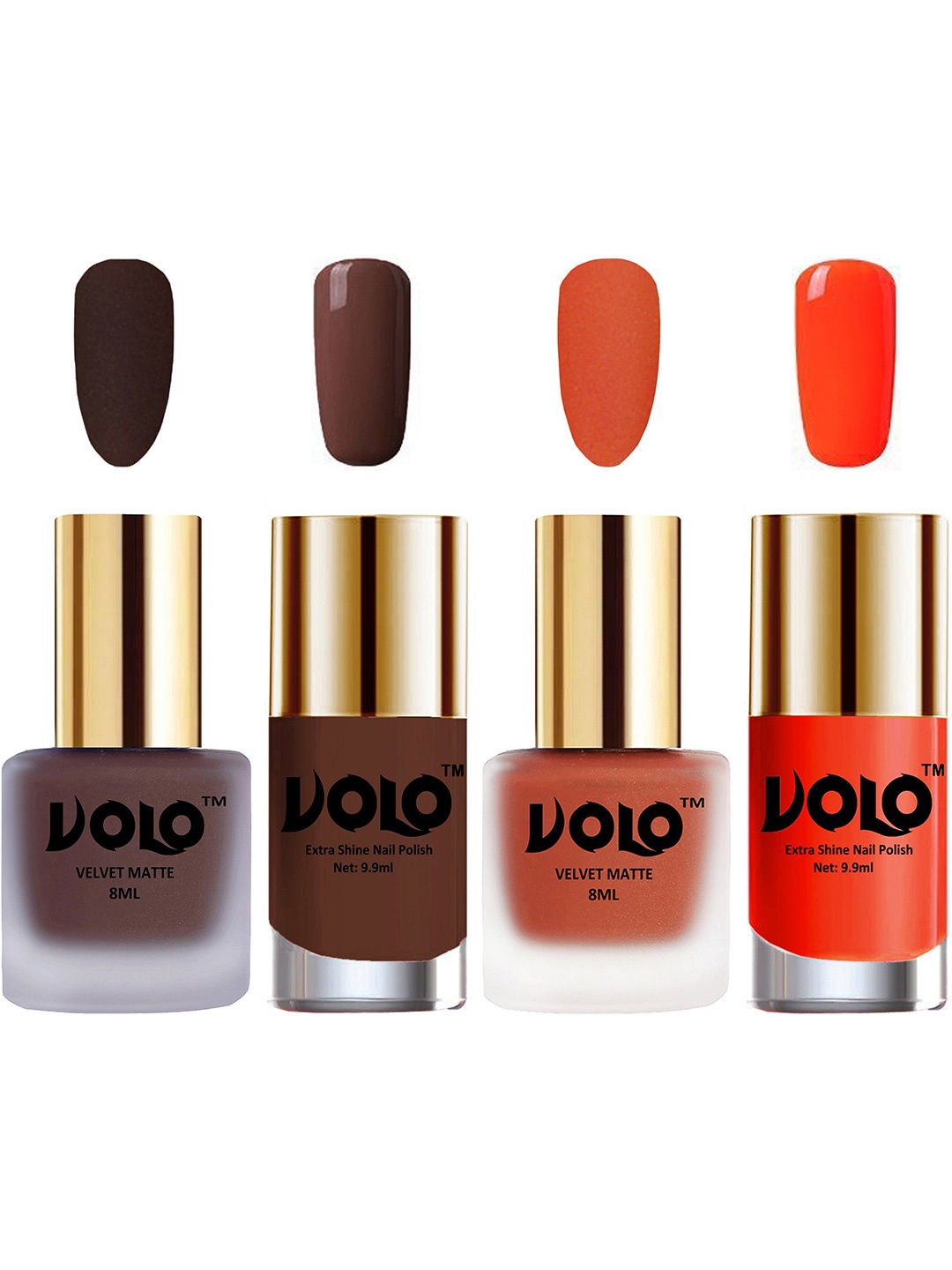 

VOLO Set Of 4 Velvet Matte & Extra Shine Nail Polish -8 ml&9.9 ml Each Shade-02 -30-19-14, Orange