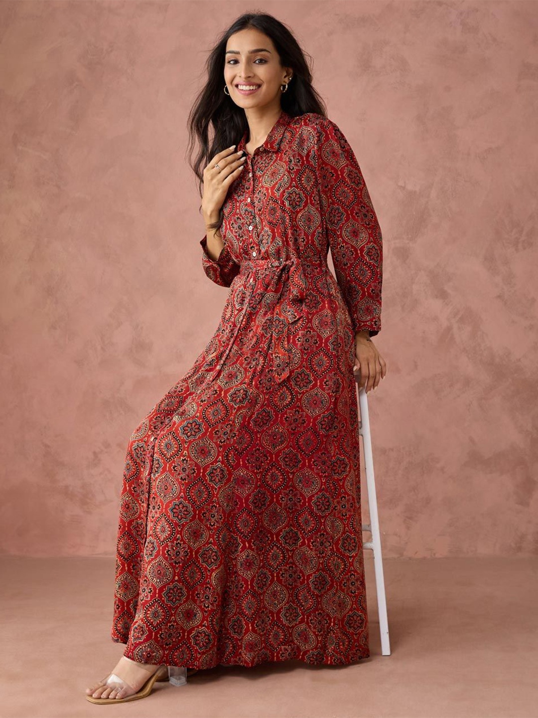 

Fabindia Women Ethnic Motifs Print Fit & Flare Maxi Dress, Red