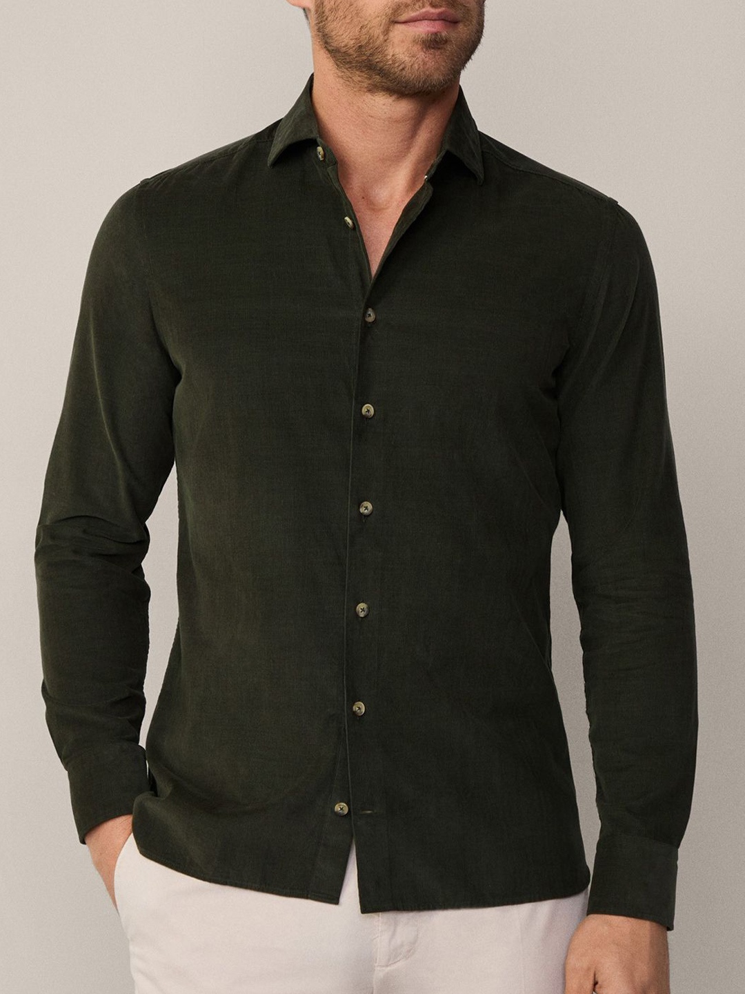 

HACKETT LONDON Men Spread Collar Solid Cotton Slim Fit Casual Shirt, Green