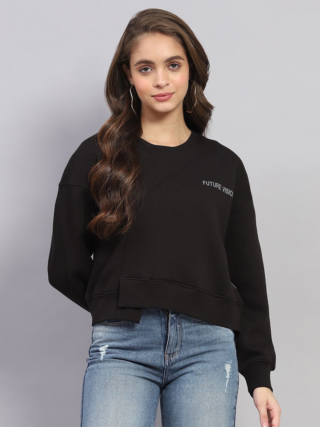 

rock.it Women Solid Round Neck Cotton Pullover Sweatshirt, Black