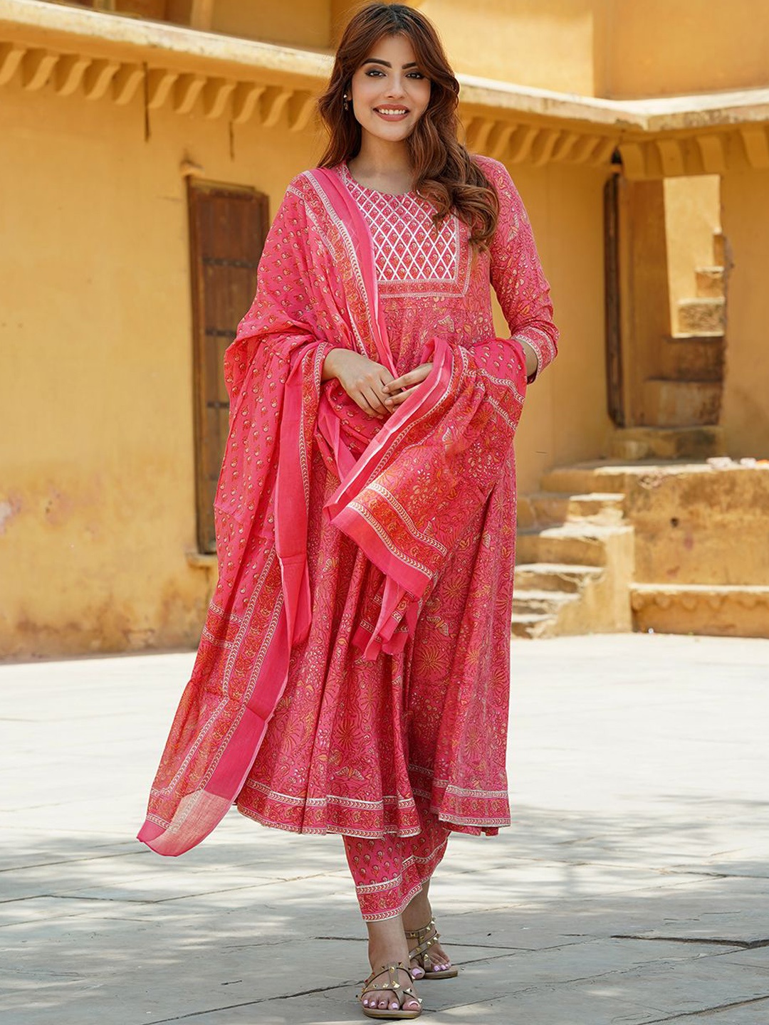 

KALINI Floral Printed Regular Pure Cotton Anarkali Kurta with Trousers & Dupatta, Pink