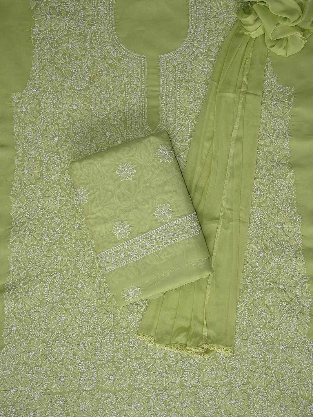 

Seva Chikan Embroidered Unstitched Dress Material, Green