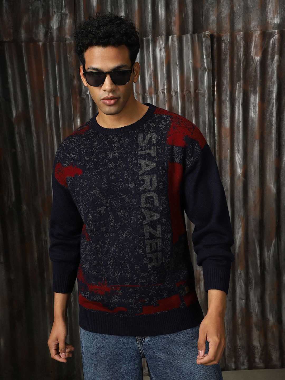 

High Star Men Round Neck Pullover Sweaters, Navy blue