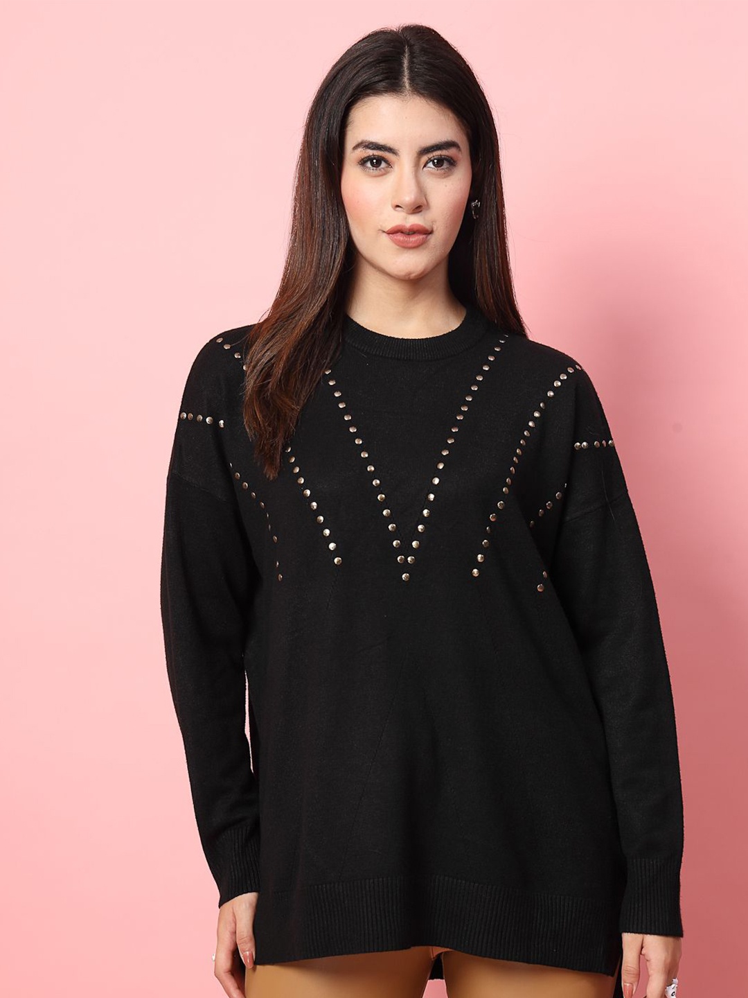 

Mafadeny Women Striped Embellished Longline Sweater, Black