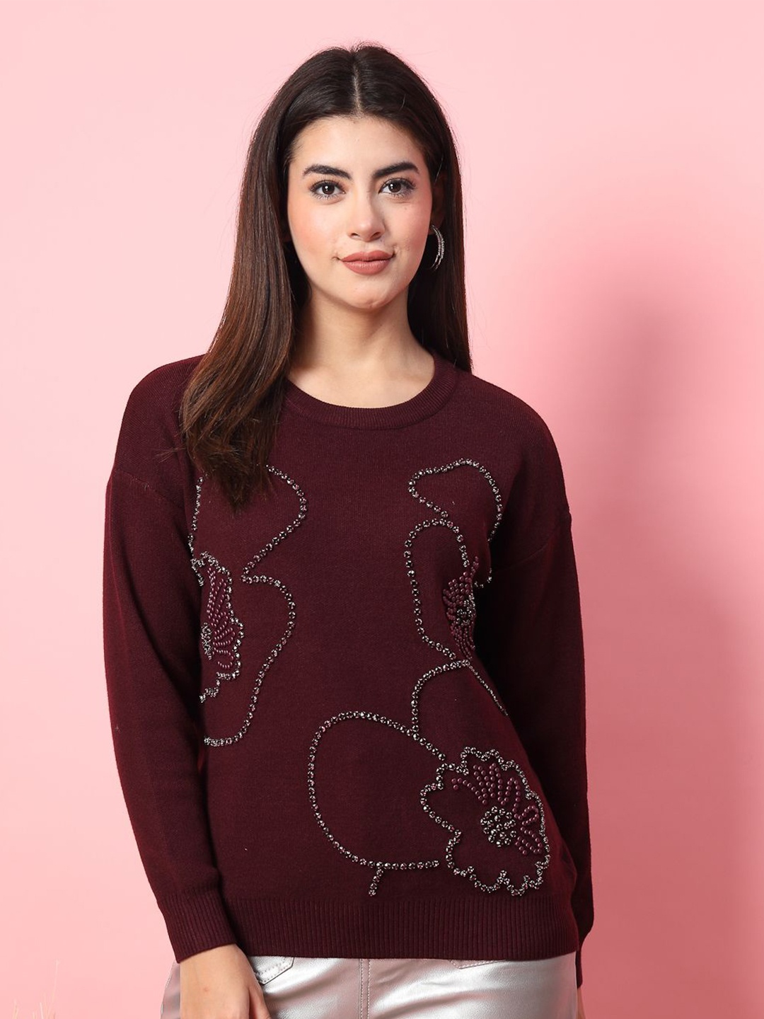 

Mafadeny Women Embellished Round Neck Top, Maroon