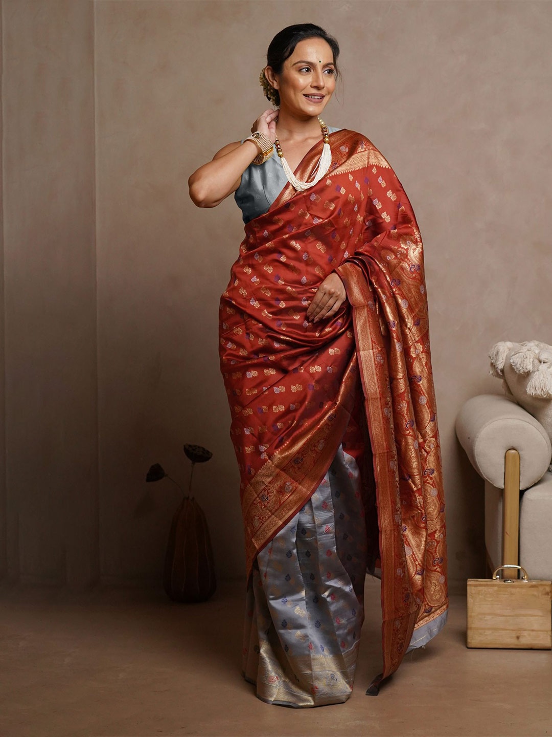 

Subham Woven Design Zari Half and Half Banarasi Saree, Rust