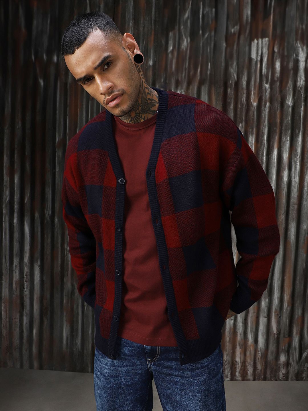 

High Star Men Checked Oversized Fit Front-Open Sweater, Maroon