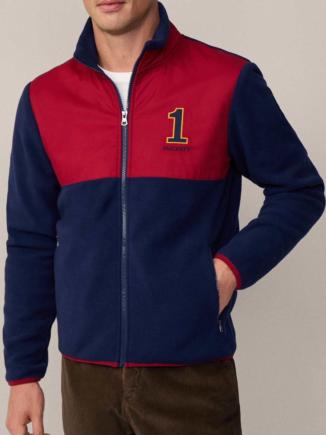 

HACKETT LONDON Men Colourblocked Mock Collar Front-Open Sweatshirt, Blue
