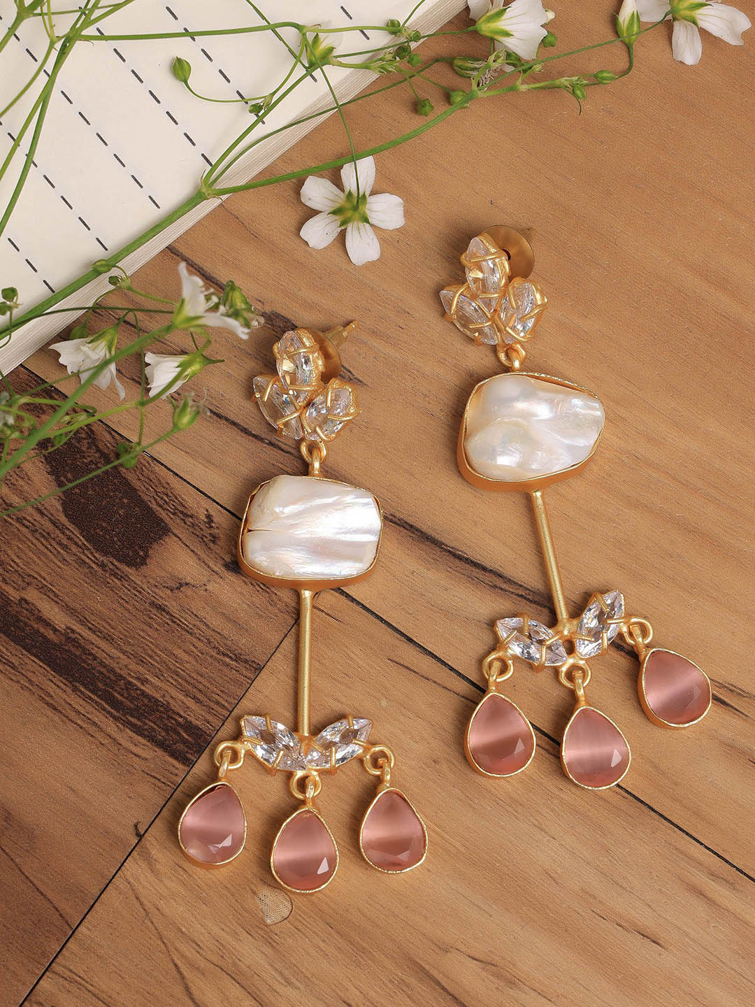 

ROYAL PITARAH Gold Plated Pearl Contemporary Drop Earrings, Rose