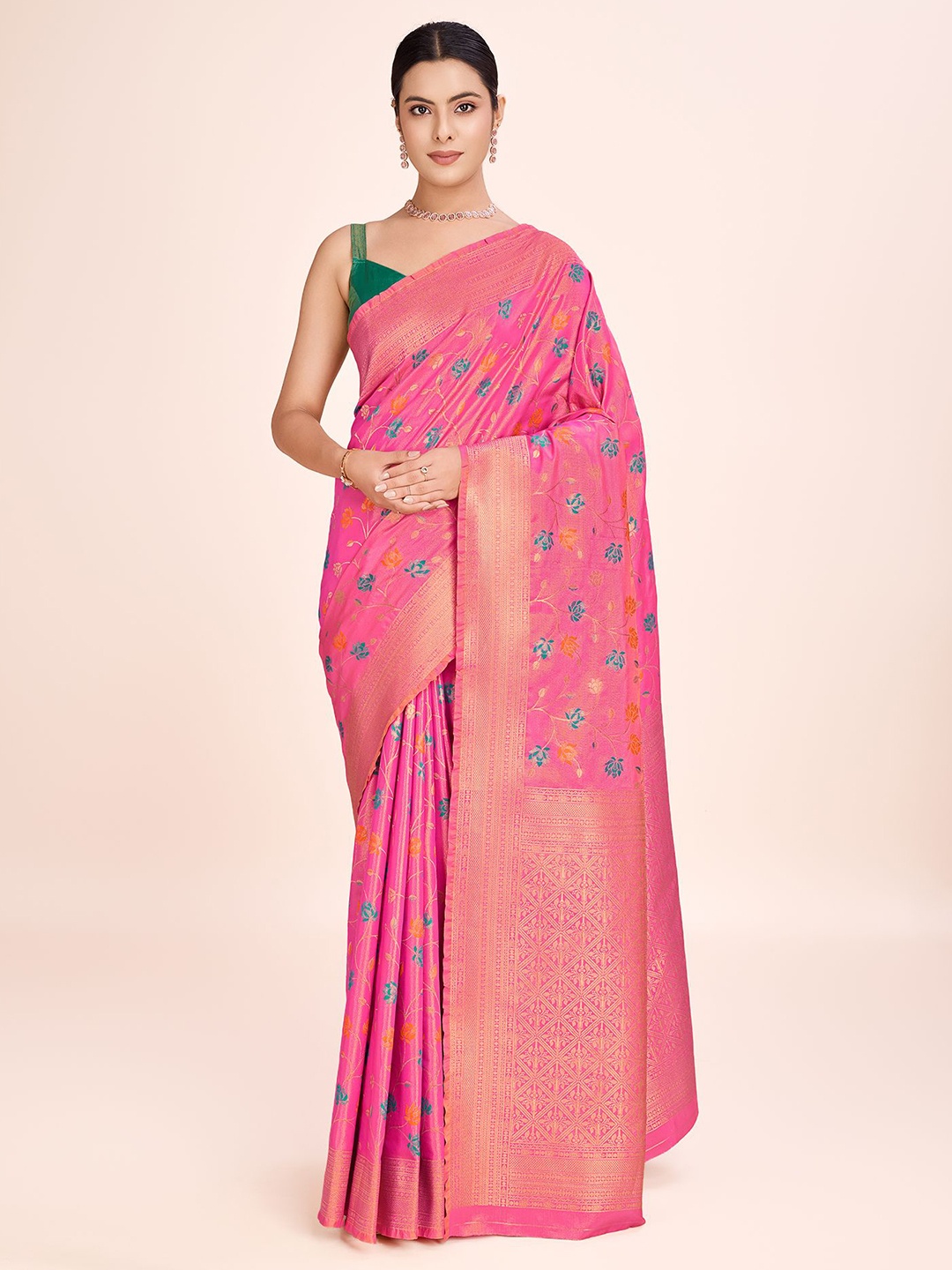 

MONJOLIKA FASHION Floral Zari Tissue Banarasi Saree, Pink