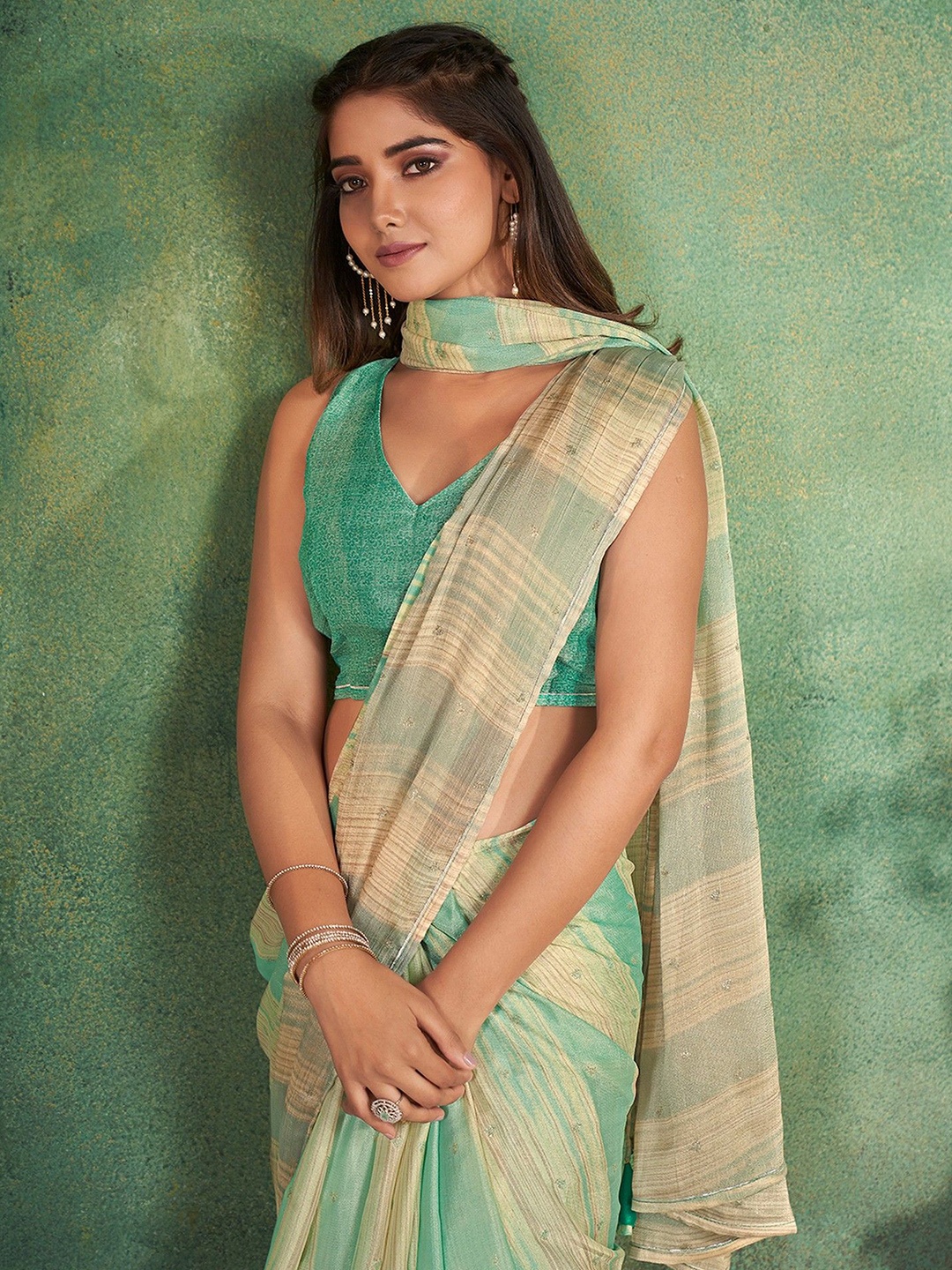

all about you Striped Printed Saree, Green