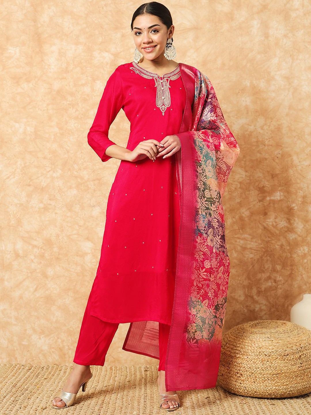 

KALINI Ethnic Motifs Embroidered Chanderi Silk Straight Kurta With Trousers & Dupatta, Red