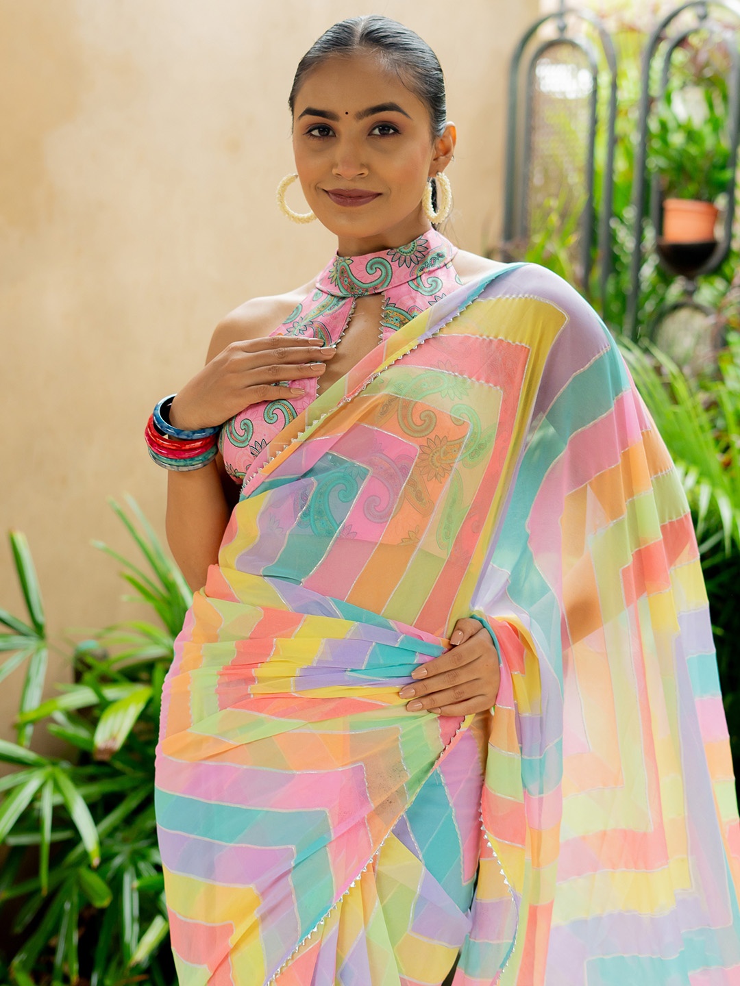 

MIRCHI FASHION Gotta Patti Pure Georgette Saree, Pink