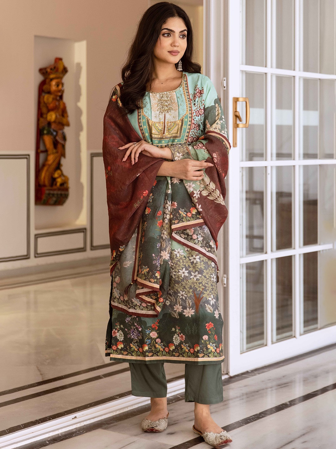 

KALINI Women Floral Printed Regular Beads and Stones Kurta with Trousers & With Dupatta, Green