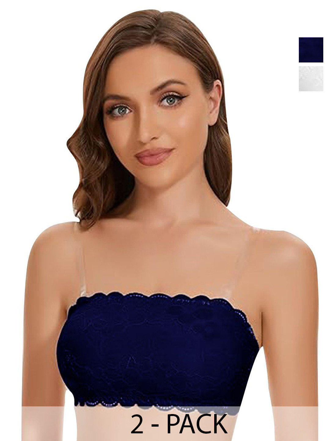 

ComfyStyle Women Pack of 2 Floral Full Coverage Lightly Padded Bandeau Bra, Navy blue