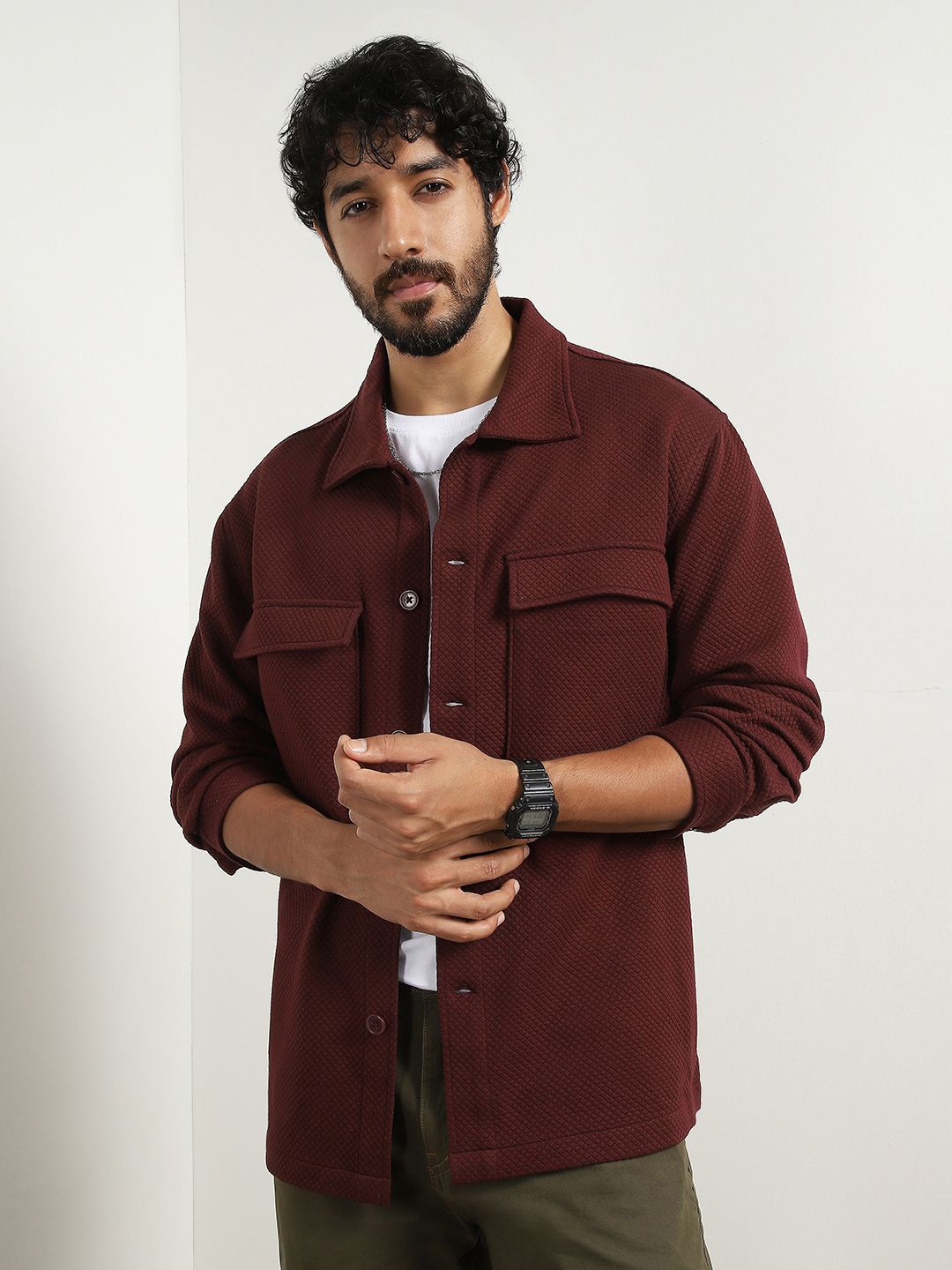 

NOBERO Men Relaxed Spread Collar Textured Casual Shirt, Maroon