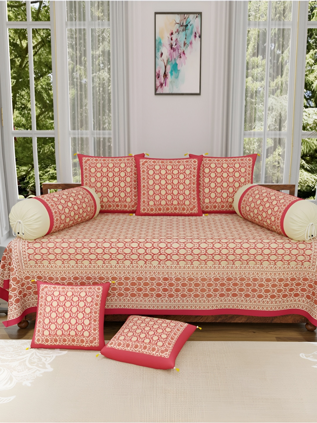 

The Craft Monk Beige & Pink 8 Pieces Geometric Printed Pure Cotton Diwan Set