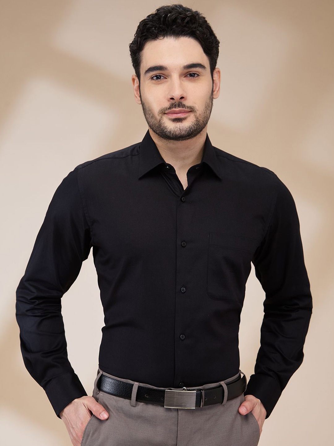 

Raymond Men Spread Collar Solid Cotton Formal Shirt, Black