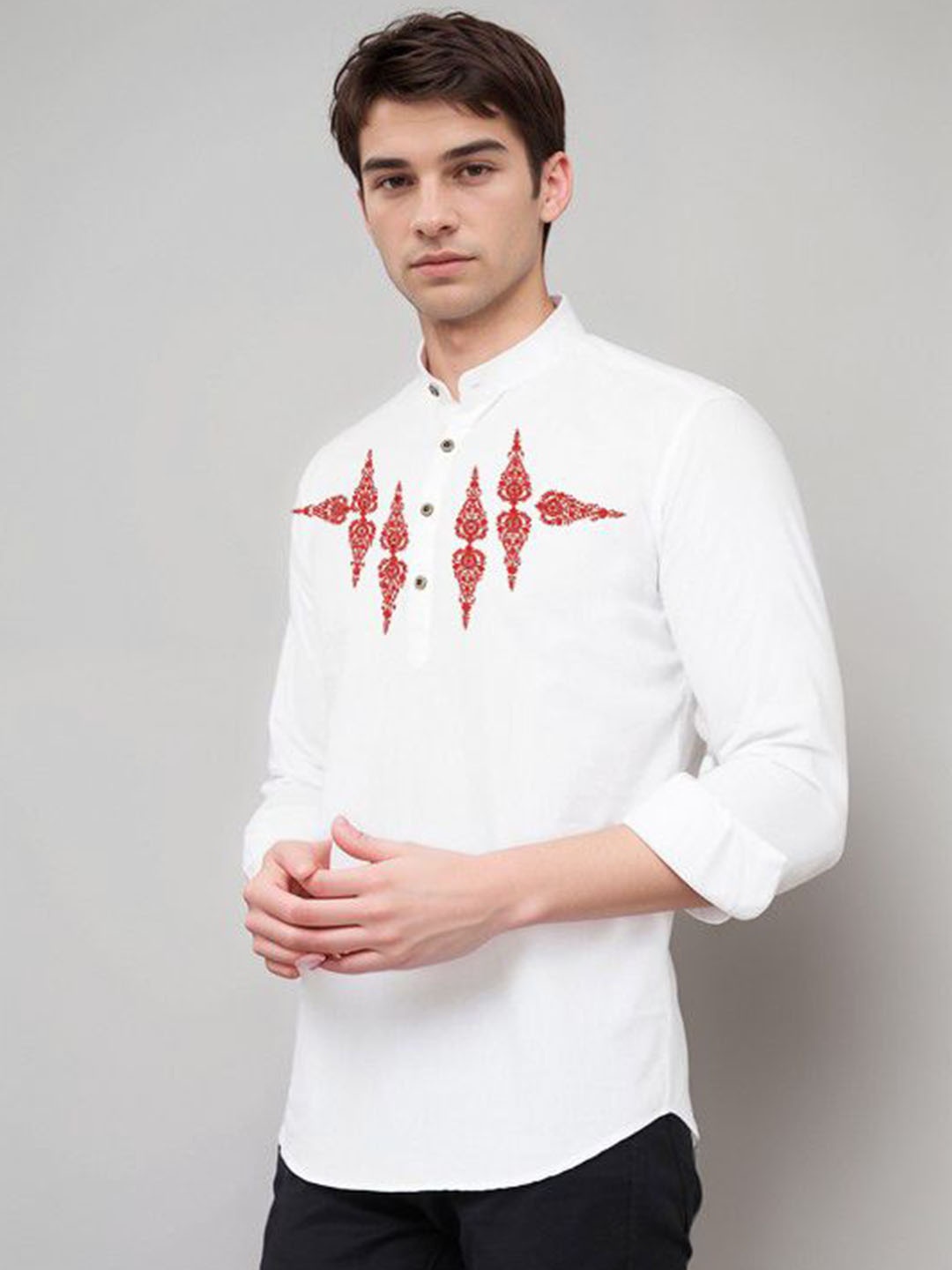 

DEVOILER Men Ethnic Motifs Printed White Romance Kurta