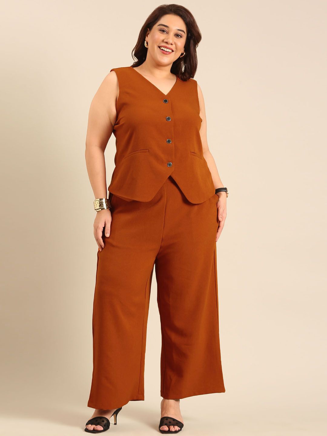 

The Pink Moon Plus Size V-Neck Waistcoat With Trousers, Rust