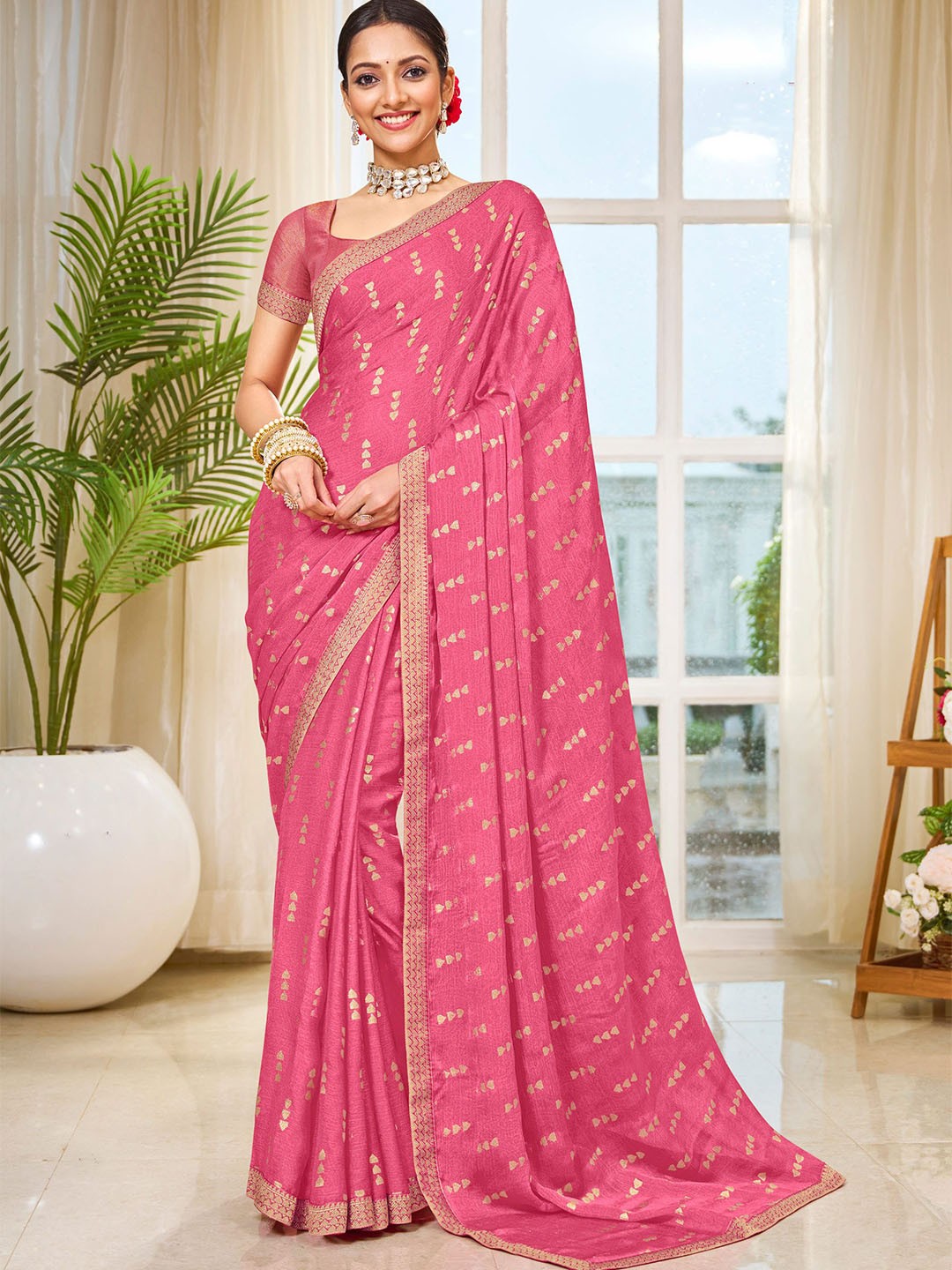 

Laxmipati Woven Design Zari Abstract Printed Saree, Pink