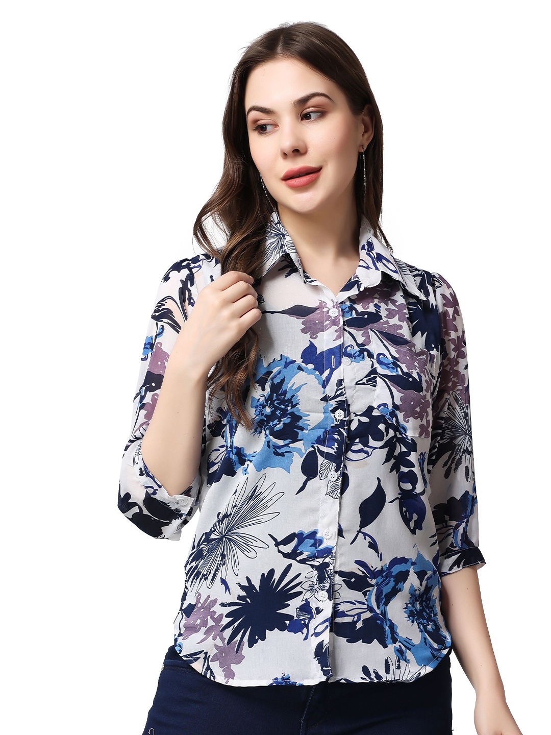 

SCORPIUS Women Classic Spread Collar Floral Printed Slim Fit Casual Shirt, White