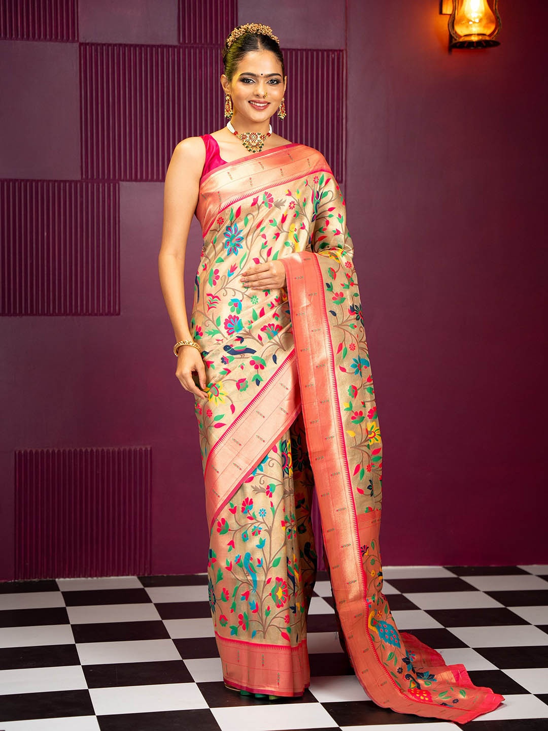 

MIMOSA Kalamkari Printed Zari Woven Design Banarasi Saree, Pink