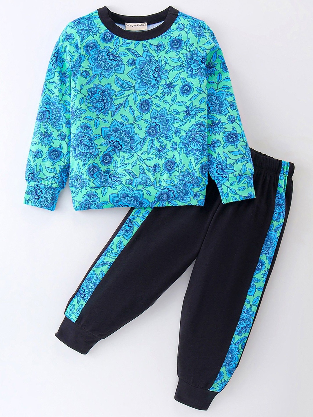 

CrayonFlakes Girls Floral Printed Round Neck Long Sleeves Pure Cotton Sweatshirt & Jogger, Green