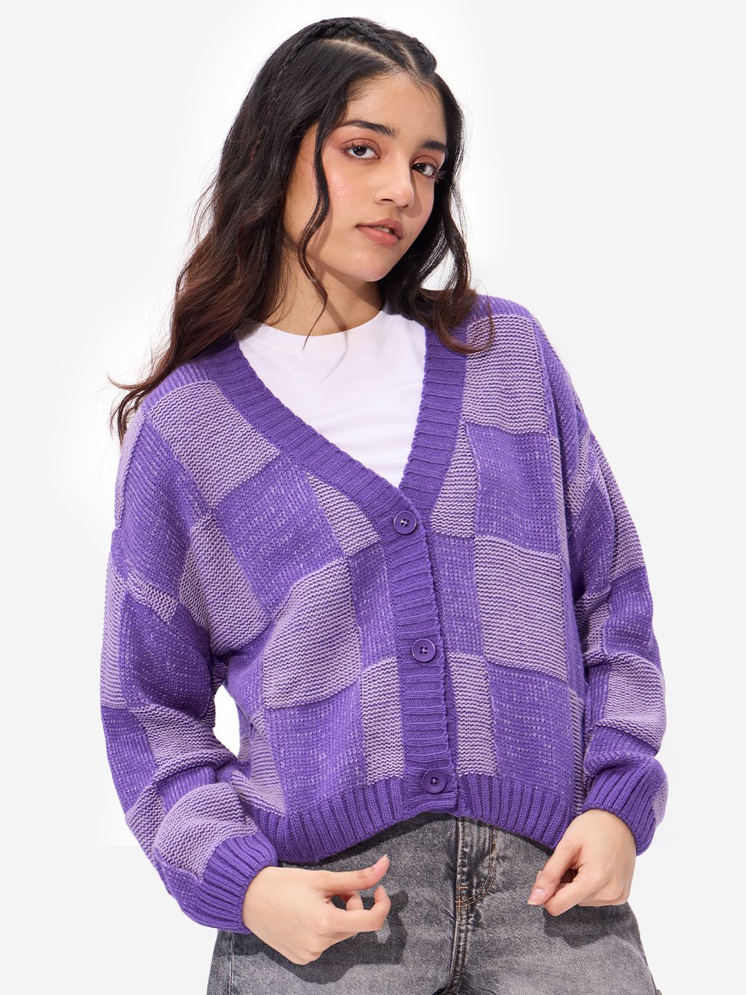 

The Souled Store Women Checked Cardigan, Lavender