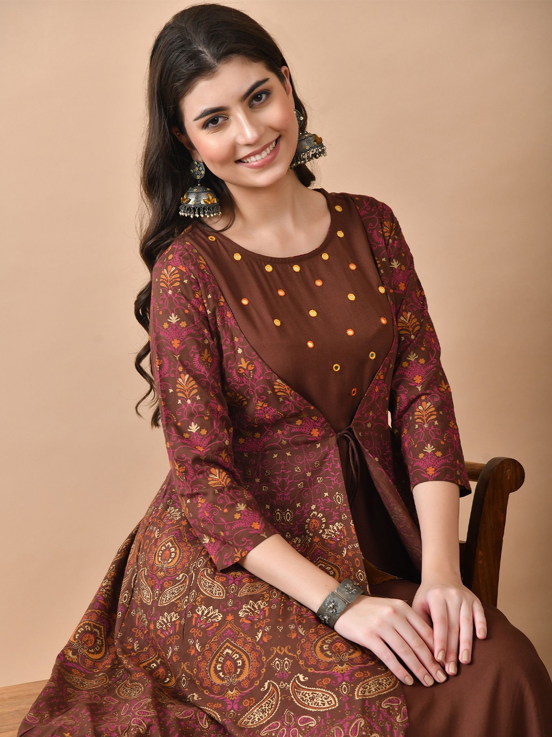 

ftDiva Printed Maxi Ethnic Dress, Brown