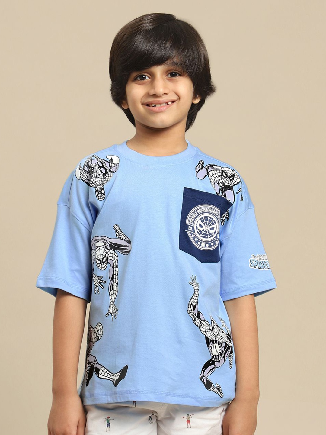 

Kids Ville Boys Spiderman Graphic Printed Pure Cotton Oversized Tshirt, Blue