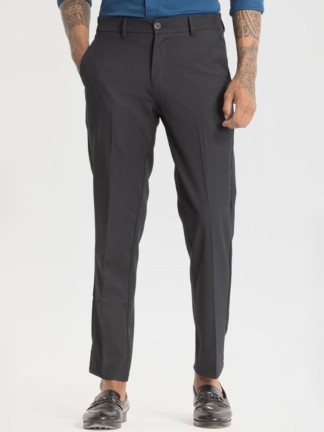 

Snitch Men Smart Slim Fit Mid-Rise Regular Trousers, Charcoal