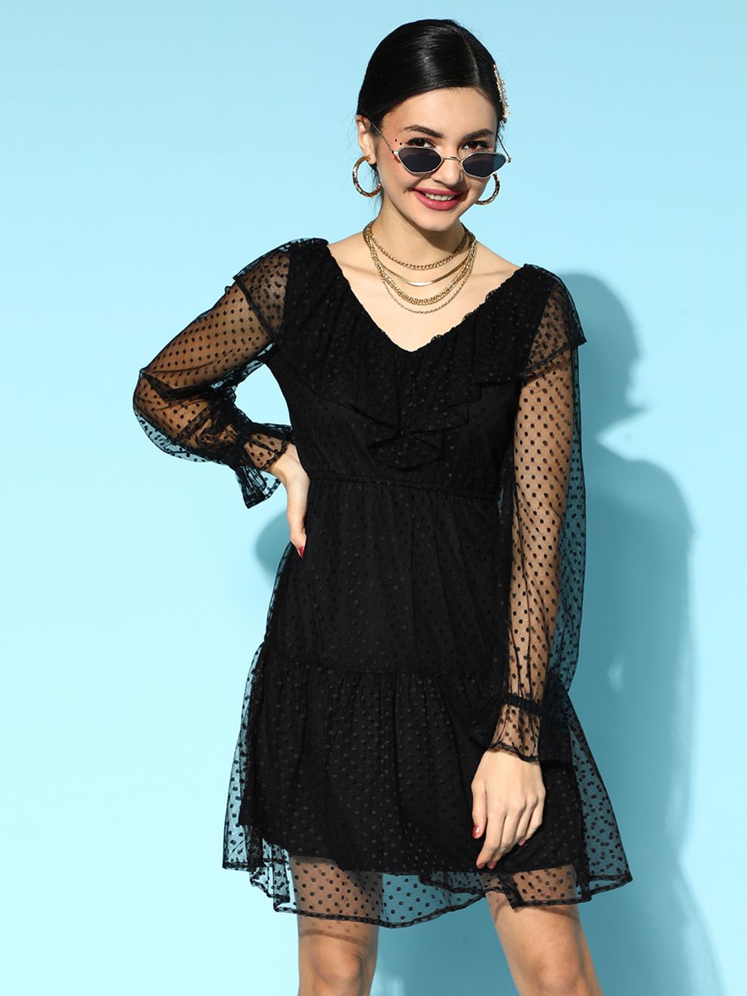 

Athena Puff Sleeve Ruffled A-Line Dress, Black