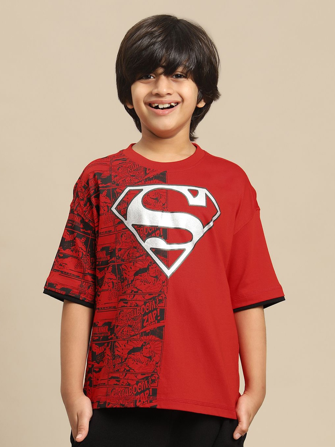 

Kids Ville Boys Superman Graphic Printed Pure Cotton Oversized Tshirt, Red