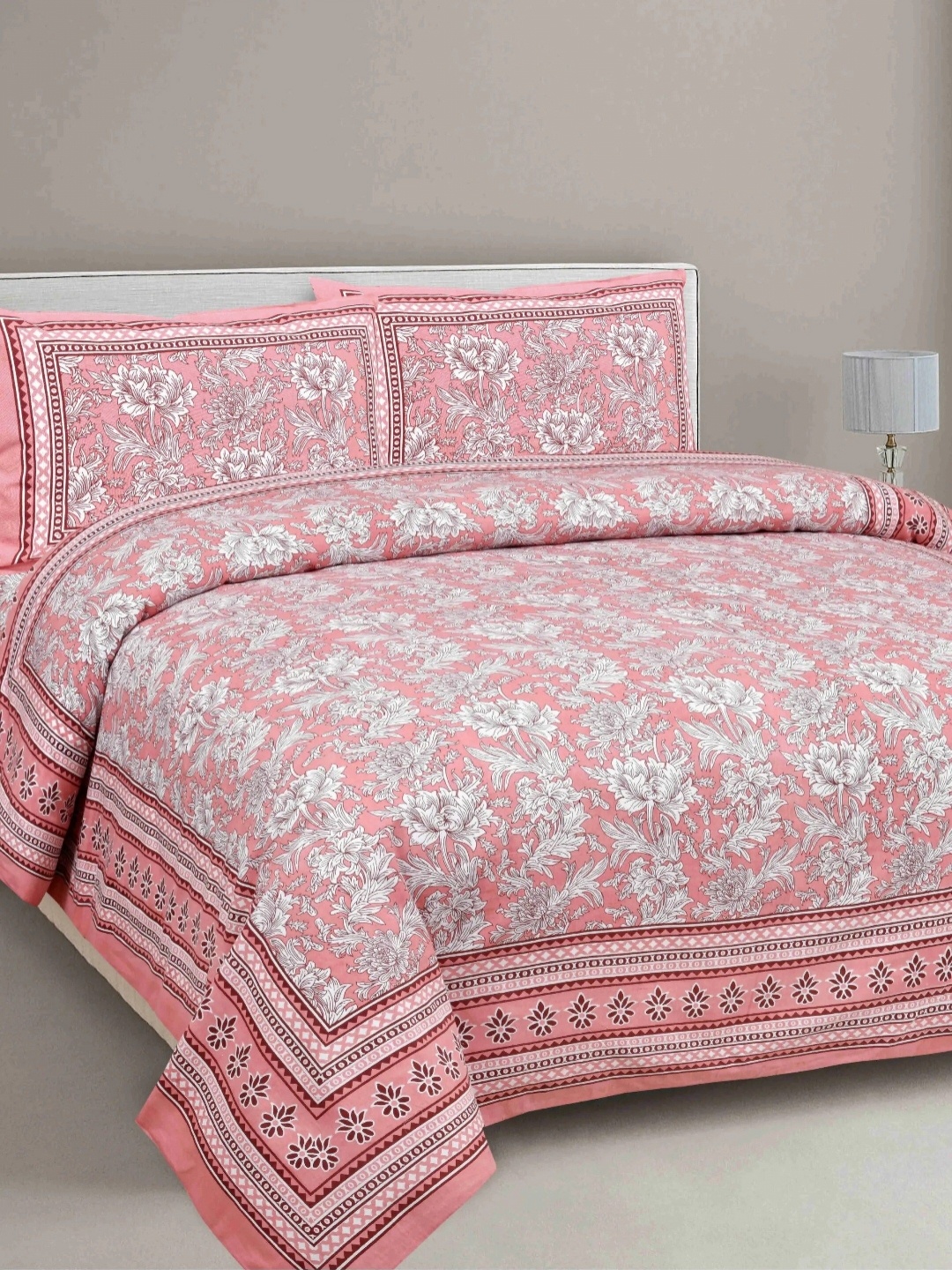 

LIVING ROOTS Ethenic Jaipur Pink Printed 210 TC Cotton King Bedsheet With 2 Pillow Covers
