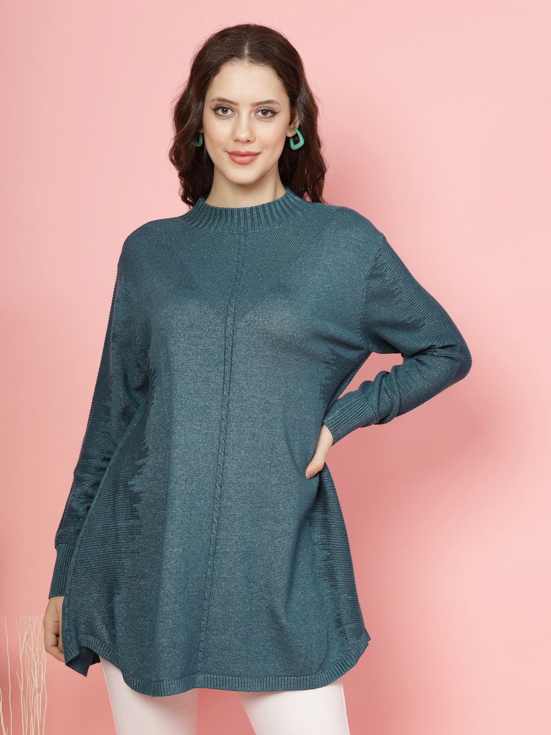 

Mafadeny Women Solid Longline Sweater, Teal