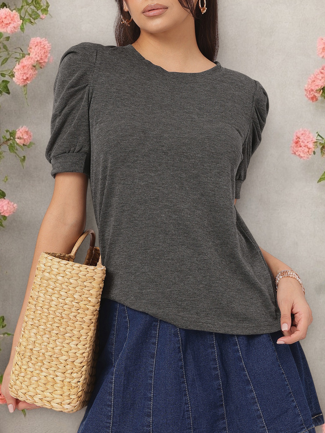 

DressBerry Feminine Flair Puff Sleeves T-shirt, Grey