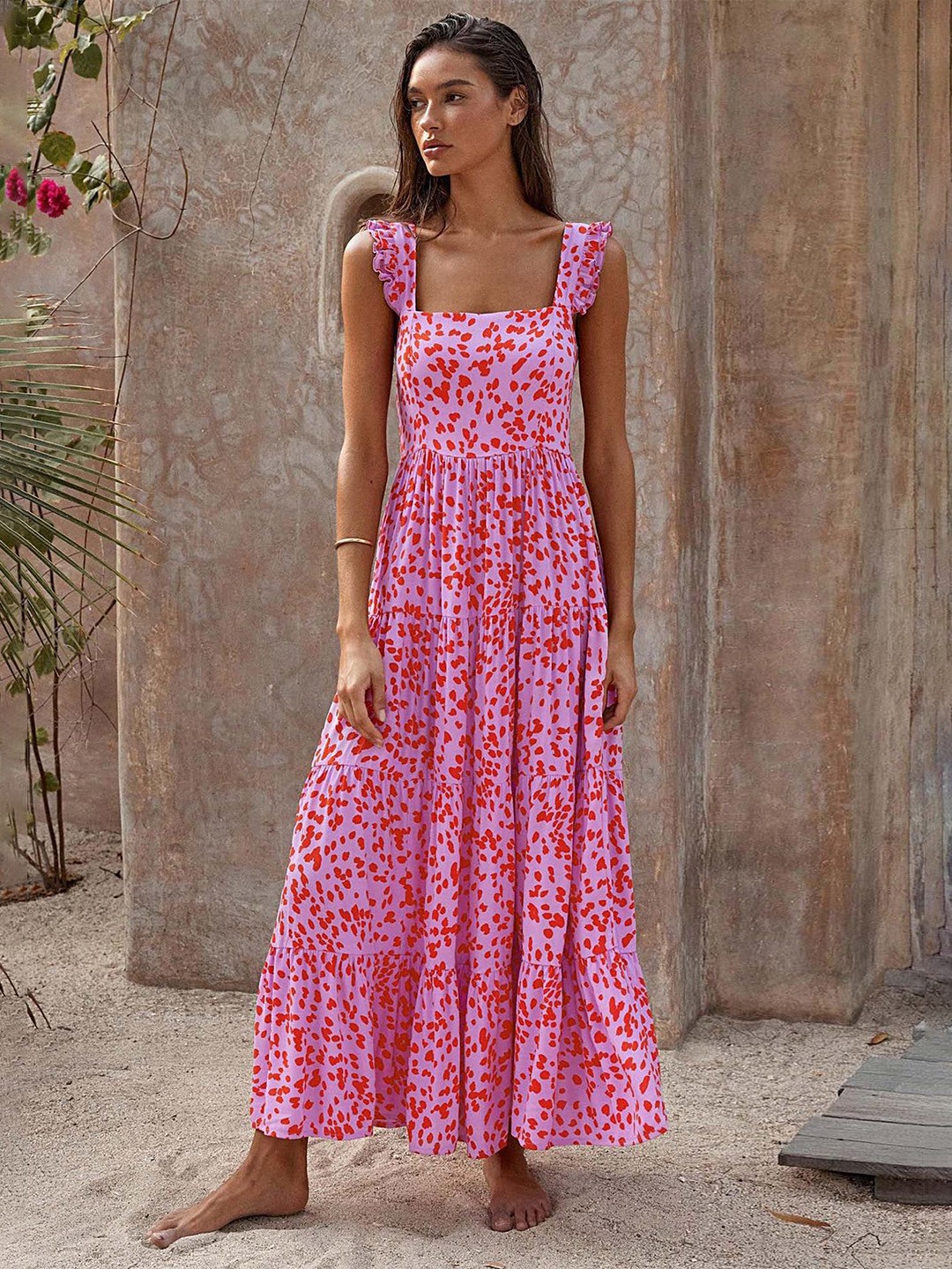 

LULU & SKY Women Square Neck Floral Printed Maxi Dress, Pink