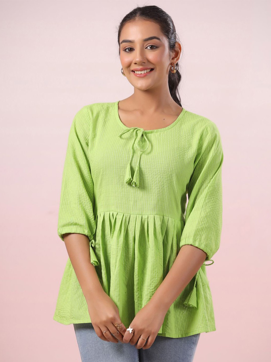 

LYFJ Women Solid Tie-Up Neck Cotton Top, Green