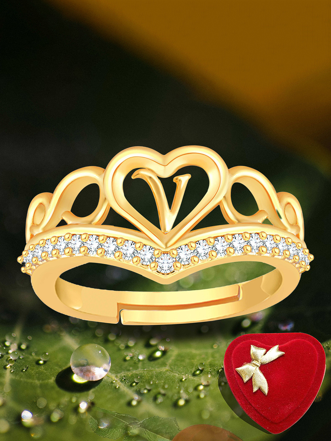 

Heer Collection Gold Plated American Diamond Studded Alphabet V Adjustable Finger Ring