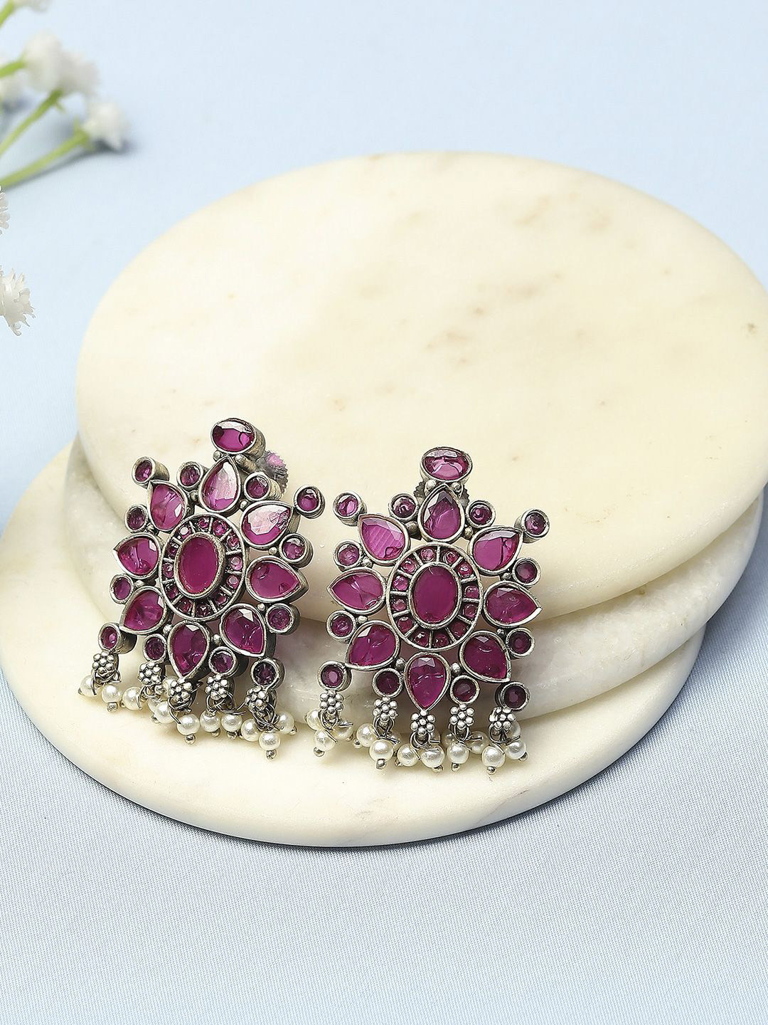 

Biba Artificial Stones & Beads Studded Floral Oxidised Drop Earrings, Pink