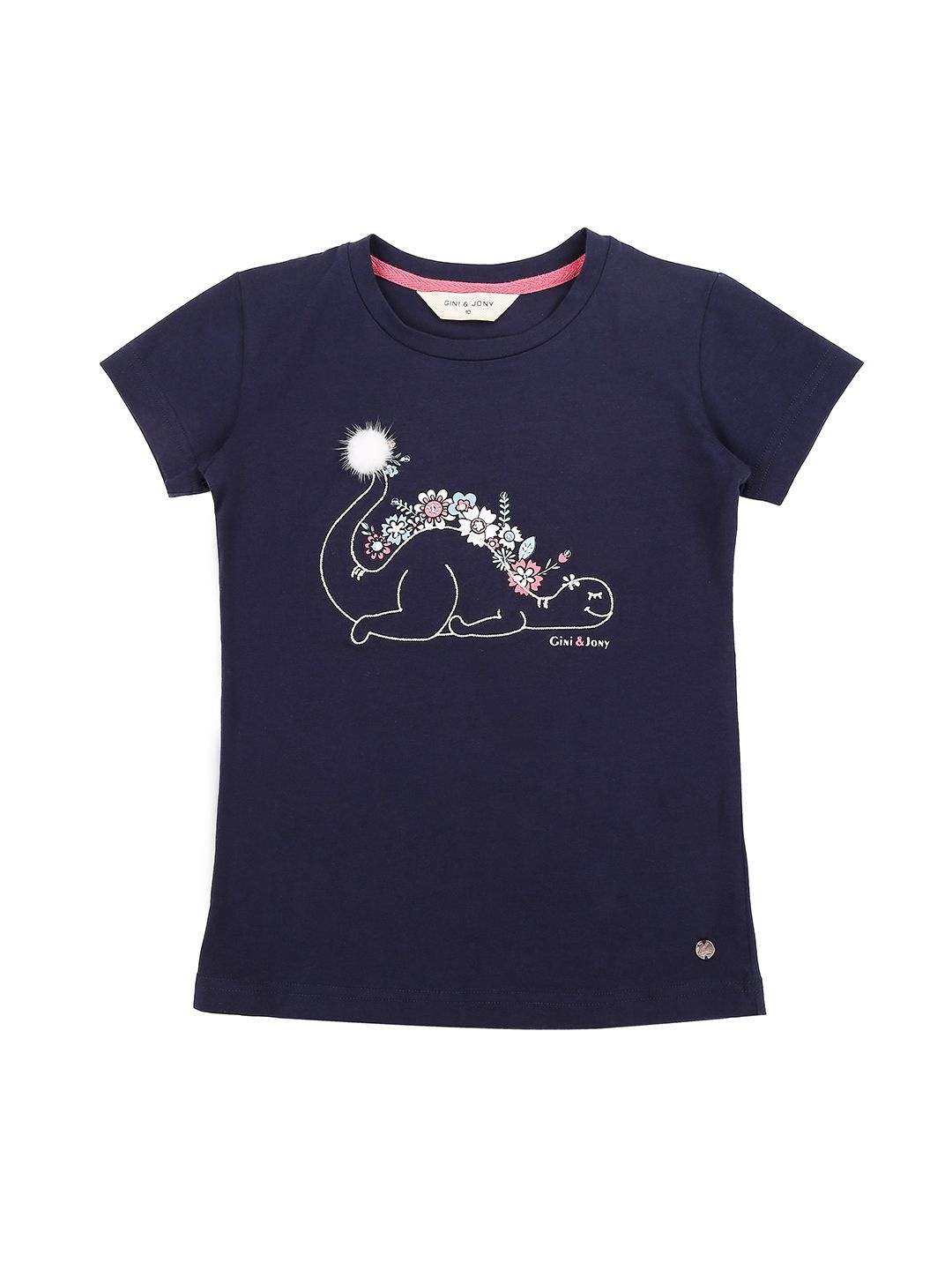 

Gini and Jony Girls Graphic Printed Round Neck Applique Cotton T-Shirt, Navy blue